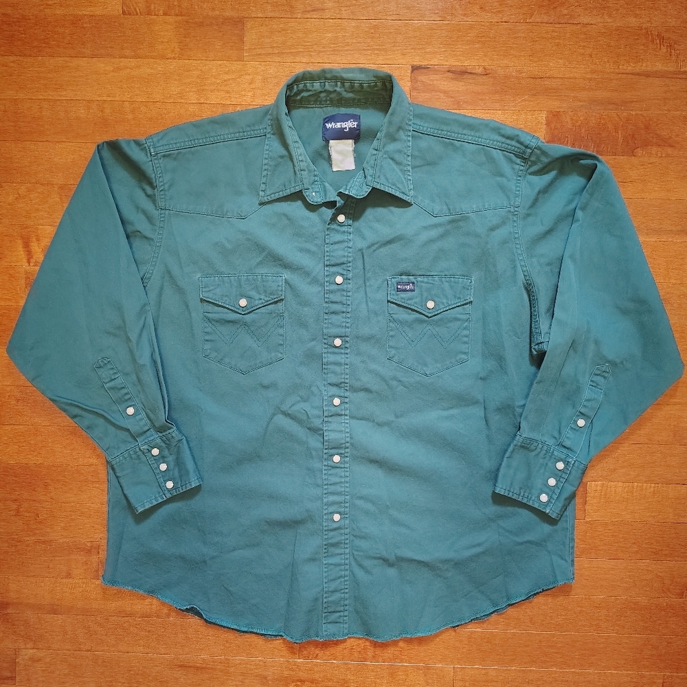 Vtg 90s Dark Teal Wrangler Pearl Snap Western Shirt Heavy Cotton/Twill- Mens XXL